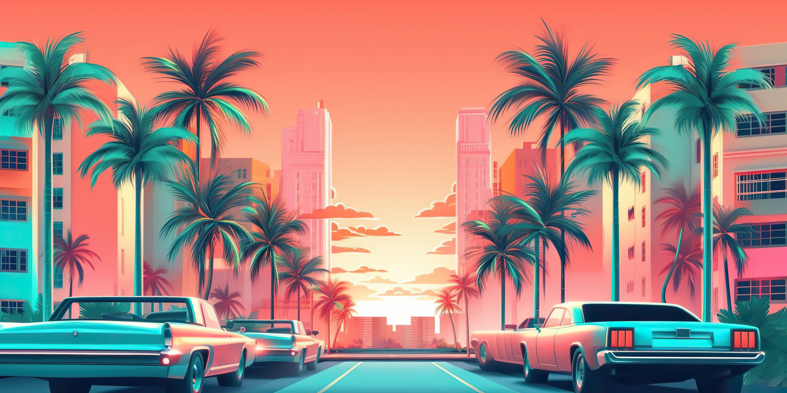 AI Generated. AI Generative. Miami beach old vintage retro car with ocean palm city urban usa american 1980 vibe. Graphic Art Luxury Miami Airport Transportation Services